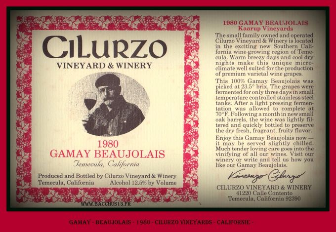 ORIGINALE cette étiquette Californienne qui nous présente ici un Gamay Beaujolais de chez CILURZO VINEYARD...
