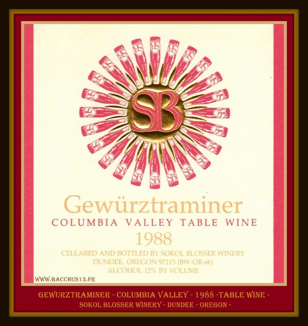GEWURZTRAMINER DE LA COLUMBIA VALLEY - 1988 - TABLE WINE - SOKOL BLOSSER WINERY - DUNDEE - OREGON - 
