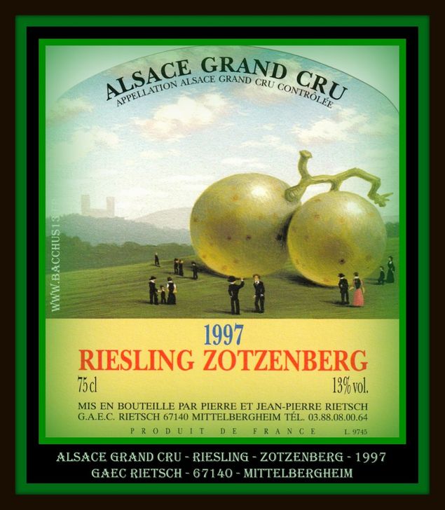 ALSACE GRAND CRU - RIESLING ZOTZENBERG - 1997 - GAEC RIETSCH - 67140 - MITTELBERGHEIM -
 -  cépages autorisés : Gewurztraminer ,Pinot Gris , Muscat et Sylvaner - RIESLING - 
 - Sur la commune de MITTELBERGHEIM - 