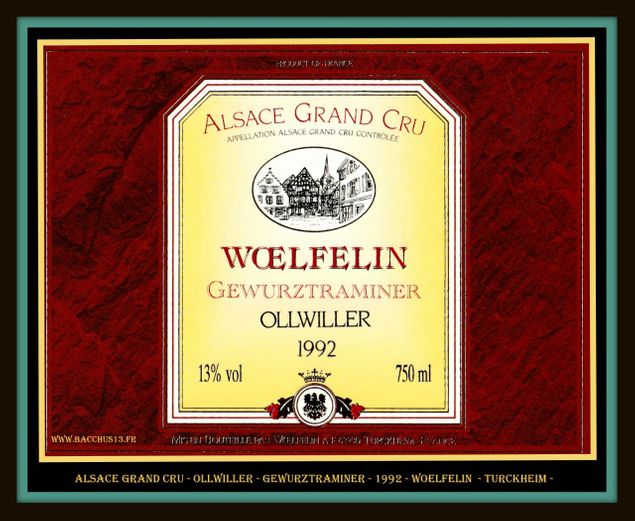 ALSACE GRAND CRU OLLWILLER - GEWURZTRAMINER - 1992 - WOELFELIN - à TURCKHEIM - 68 - 
 - Deux cépages autorisés : Riesling et Gewurztraminer - 
 - Sur la commune de WUENHEIM -