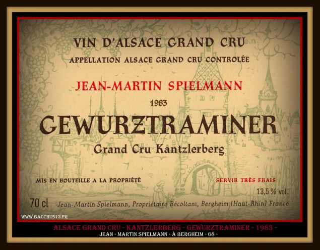 ALSACE GRAND CRU - KANTZLERBERG - GEWURZTRAMINER - 1983 - Jean - Martin Spielmann à Bergheim - 68 - 
 - Trois cépages autorisés : Riesling - Gewurztraminer et Pinot gris - 
 - Sur la commune de BERGHEIM -