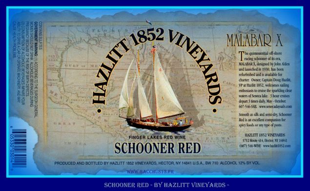 Une invitation au voyage sur le Malabar X des domaines Hazlitt Vineyards avec leur vin Shooner Red - Ce domaine propose des sorties sur le lac Seneca à bord de ce bateau réhabilité ! Une très jolie étiquette de Hazlitt 1852 Vineyards pour un vin qui ne vous donnera pas le mal de mer !