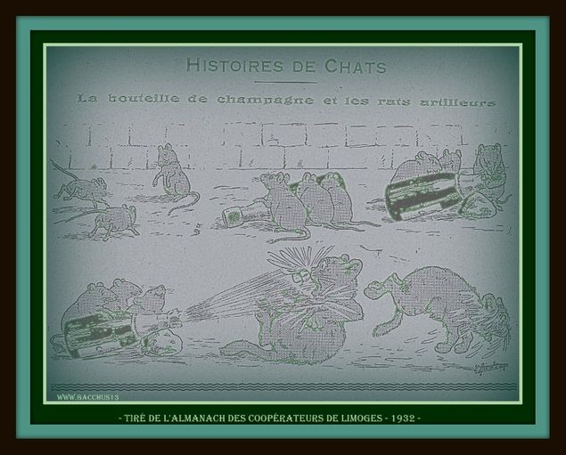 La bouteille de Champagne et les rats Artilleurs  - Illustration de E. NICOLSON - Tiré de l'almanach des Coopérateurs de Limoges - 1932 - 