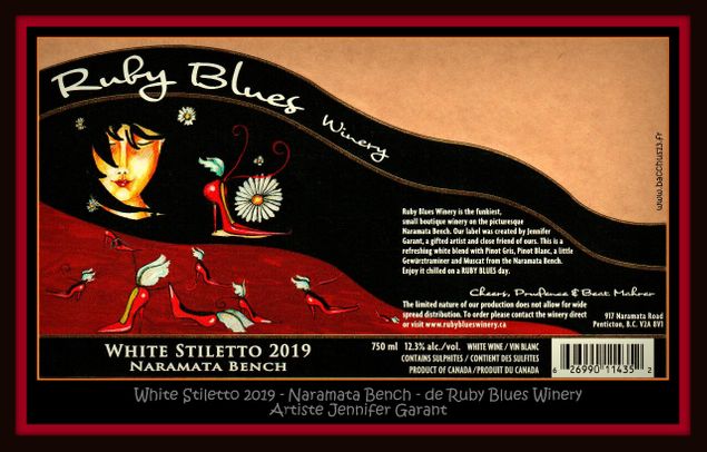  White Stiletto - 2019 - Naramata Bench - De Ruby Blues Winery - Canada - Assemblage de Pinot Gris , de Pinot Blanc , Gewurztraminer et Muscat - Artiste - Jennifer Garant -